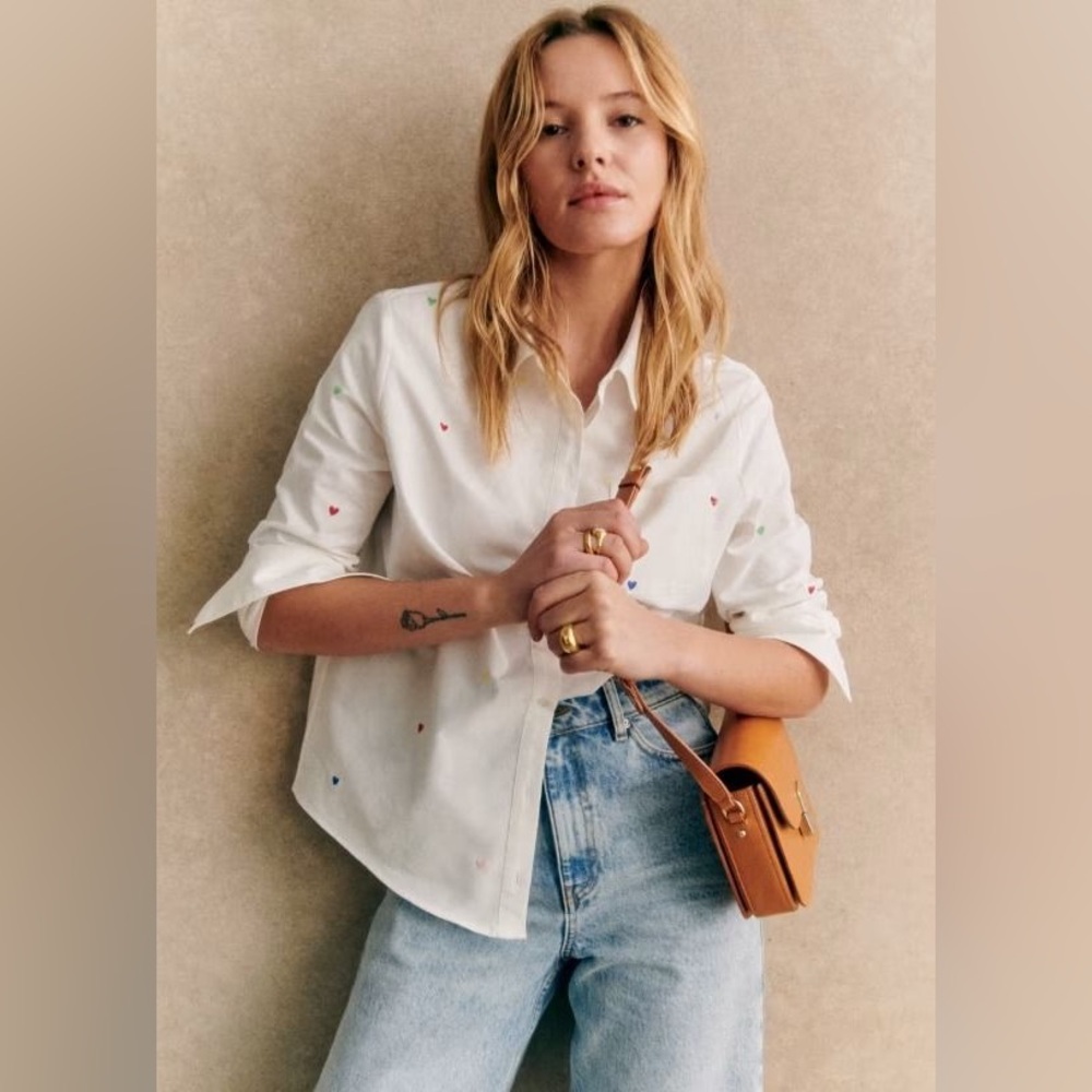 Sezane Tomboy Shirt Embroidered Hearts - Size 2